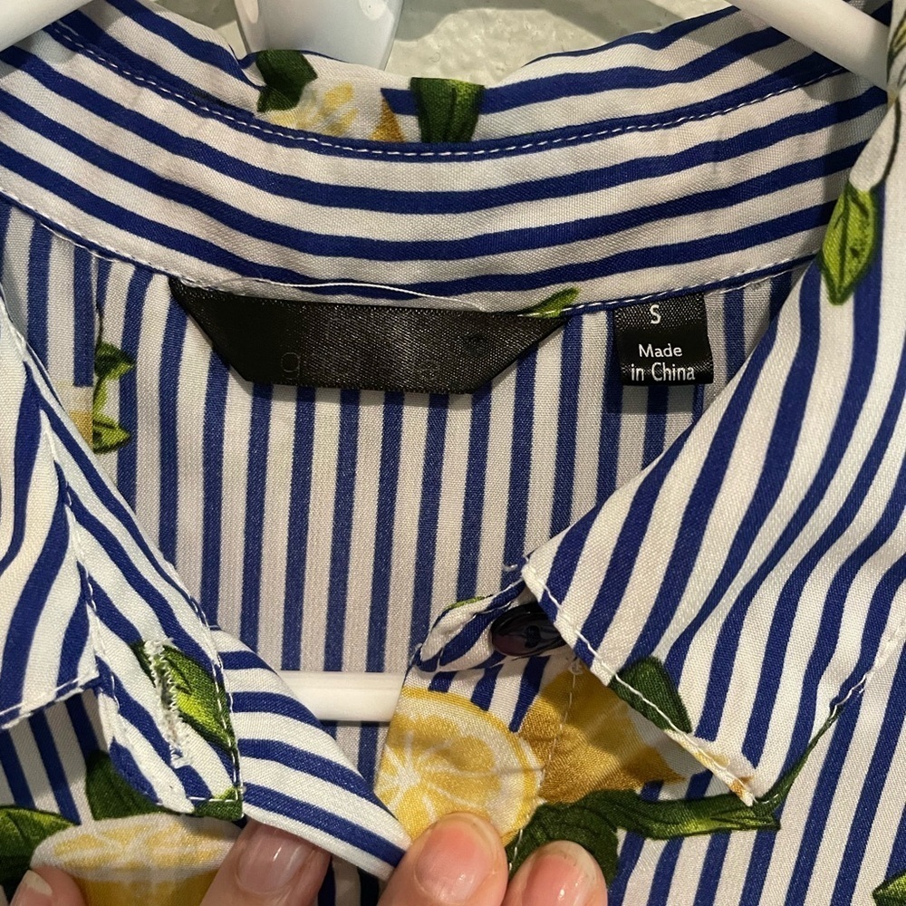 Navy and White Striped Sleeveless Shirt Dress with novelty lemon print.  Size S - Picture 3 of 5